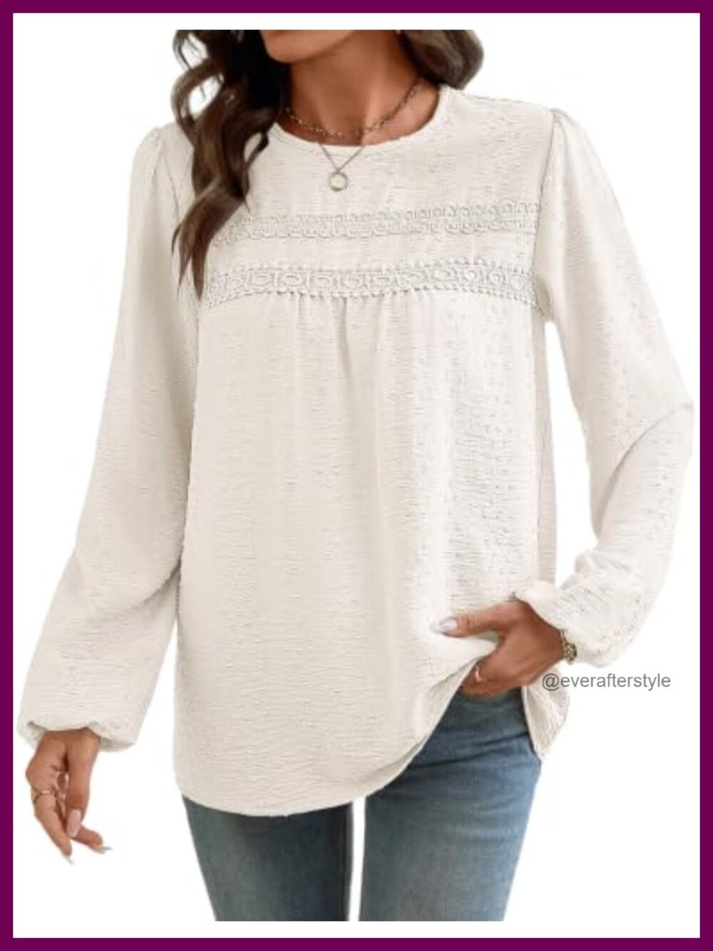Womens Boho Swiss Dot Lace Trim Long Sleeve Flowy Tunic Top Blouse